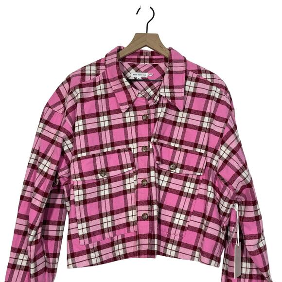 NEW Good American Cropped Shirt Women's Plus Size 5 (2X) Pink Plaid Pockets - Picture 5 of 8